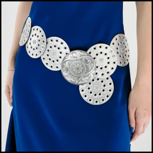 Hollow Wide Disc Belt Concho Leather Metal Buckle Boho Western Chunky Waist